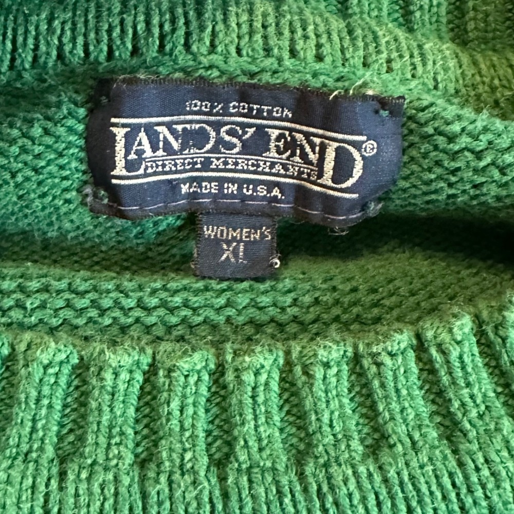 Vintage Lands End Green Cotton Sweater Womens XL Made in USA Raglan Crewneck - Picture 6 of 9